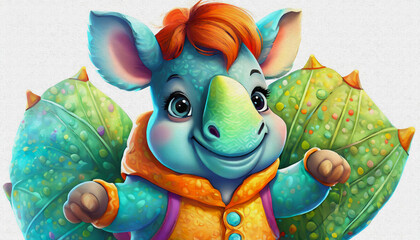oil painting style cartoon character cute baby rhinoceros takes a selfie isolated on white background, top view, 