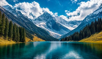 A lake surrounded by green grass and pine trees with snow-capped mountains in the background. - Powered by Adobe