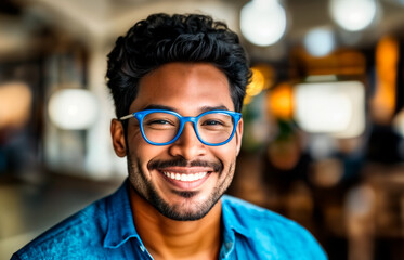 Fototapeta premium A man wearing a blue shirt and blue glasses. 