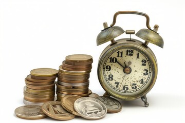 Retro alarm clock and coins stack . Retirement planning. money saving and Investment.