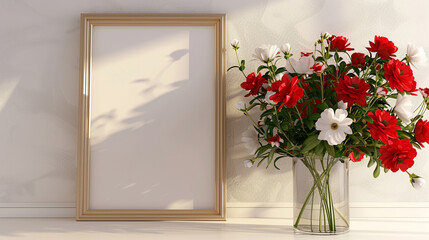 Elegant room interior adorned with a blank picture frame and a beautiful arrangement of red and white flowers in a glass pot, exuding timeless beauty.
