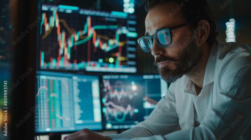 Aufkleber a concentrated man with glasses analyzes real-time stock data across several computer screens in a d
