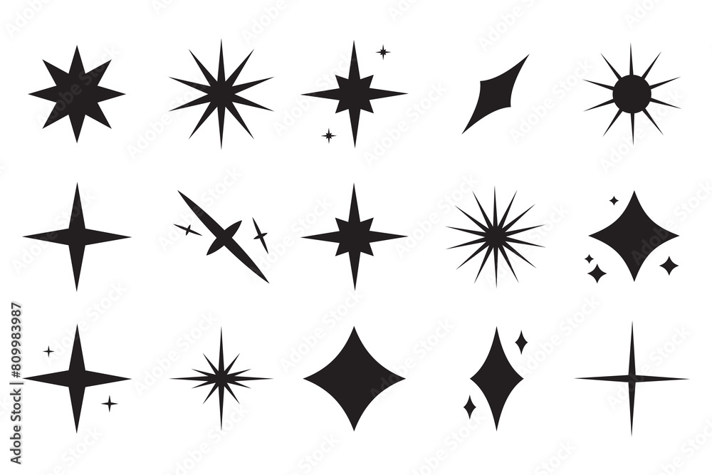 Wall mural sparkling stars icon set. retro futuristic sparkle icons collection. set of star shapes. cool shine 