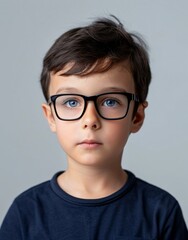 ID Photo for Passport : European child boy with straight short black hair and blue eyes, with glasses and wearing a navy t-shirt