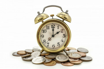 Retro alarm clock and coins stack . Retirement planning. money saving and Investment.