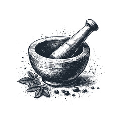 The traditional mortar hand drawn. Black white vector logo illustration. 