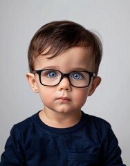 ID Photo for Passport : European baby boy with straight short black hair and blue eyes, with glasses and wearing a navy t-shirt