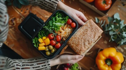 Top view of woman holding a lunch box with healthy food