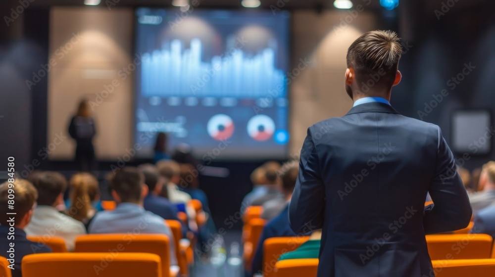 Poster A man in a suit watches a presenter at a business conference, with a screen showing graphs in the background.