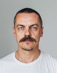 ID Photo for Passport : European adult man with straight short black hair and blue eyes, walrus mustache, without glasses and wearing a white t-shirt
