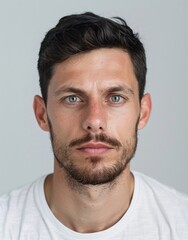 Obraz premium ID Photo for Passport : European adult man with straight short black hair and blue eyes, short beard, without glasses and wearing a white t-shirt