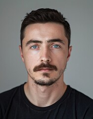 Obraz premium ID Photo for Passport : European adult man with straight short black hair and blue eyes, thick mustache, without glasses and wearing a black t-shirt