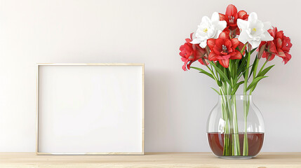 Inviting ambiance with a blank picture mockup and red and white flowers in a glass pot, inviting viewers to appreciate the beauty of the space.