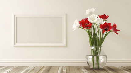 Inviting ambiance with a blank picture mockup and red and white flowers in a glass pot, inviting viewers to appreciate the beauty of the space.