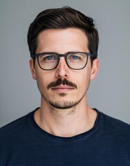 ID Photo for Passport : European adult man with straight short black hair and blue eyes, thin mustache, with glasses and wearing a navy t-shirt