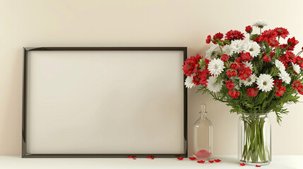 Inviting room ambiance with a blank picture frame complemented by red and white flowers in a glass vase, creating a welcoming atmosphere.