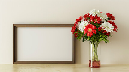 Inviting room setting with a blank picture frame and vibrant red and white flowers in a transparent glass vase, offering a welcoming space for relaxation.