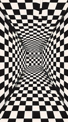 Naklejka premium A black and white checkered floor with a tunnel.