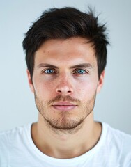 Obraz premium ID Photo for Passport : European adult man with straight short black hair and blue eyes, stubble, without glasses and wearing a white t-shirt