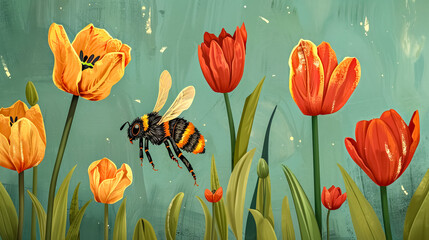 Bumblebee pollinating vibrant tulips in springtime