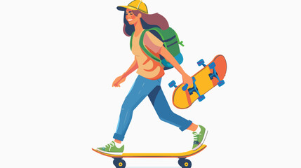 Woman walking and holding skateboard. Young skater 