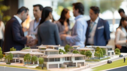 A diverse group of individuals are gathered around a miniature representation of a building, engaged in discussion and examining the details.