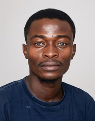 Obraz premium ID Photo for Passport : African young adult man with straight short black hair and blue eyes, thin mustache, without glasses and wearing a navy t-shirt