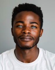 Obraz premium ID Photo for Passport : African young adult man with straight short black hair and blue eyes, short beard, without glasses and wearing a white t-shirt