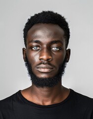 Fototapeta premium ID Photo for Passport : African young adult man with straight short black hair and blue eyes, medium beard, without glasses and wearing a black t-shirt