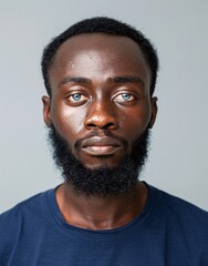 Obraz premium ID Photo for Passport : African young adult man with straight short black hair and blue eyes, long beard, without glasses and wearing a navy t-shirt