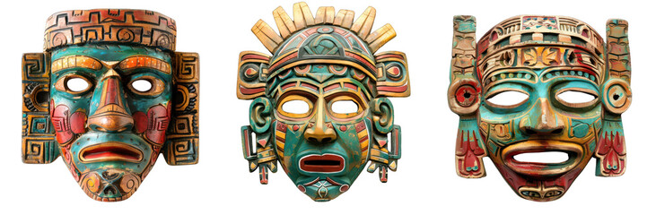 Collection of Aztec masks isolated on white or transparent background, masks for decoration