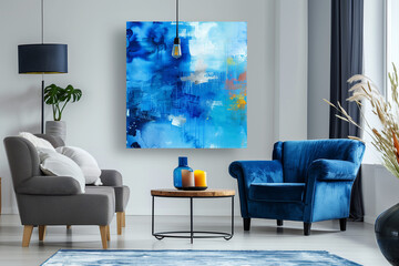 Sofa against grey wall with oil painting. Interior design of modern living room. Generative AI.