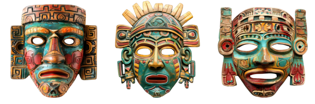 Collection of Aztec masks isolated on white or transparent background, masks for decoration