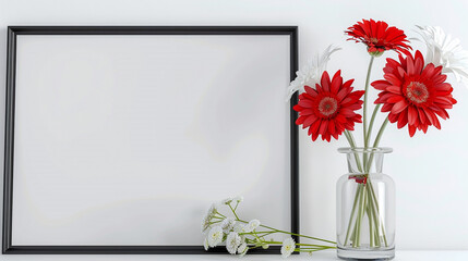 Modern interior design with a blank picture frame adorned with a black border, accompanied by vibrant red and white flowers in a sleek glass vase.