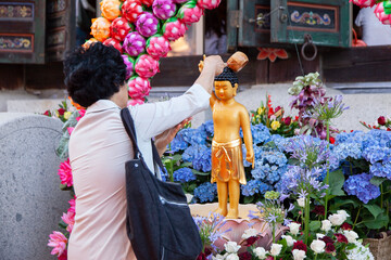 Pouring the water on the Buddha statue for the wish in the Buddhist temple