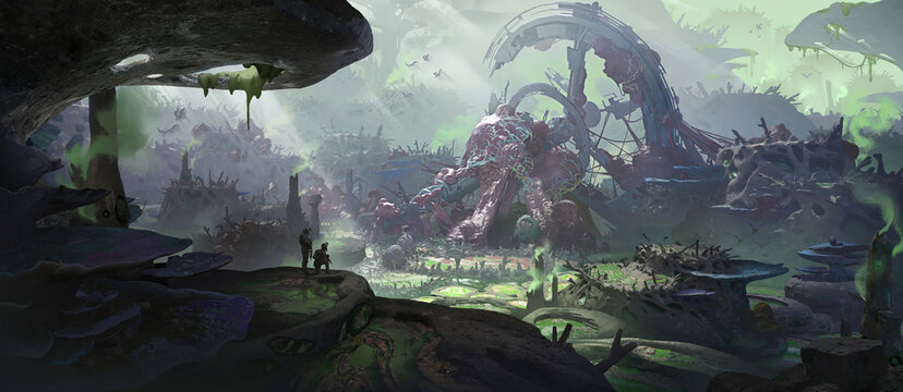 A sci-fi illustration of the space station crashed on the outer planet with a lot of mutated virus and dangerous substance scenery.
