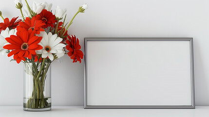Modern room interior showcasing a blank picture frame alongside vibrant red and white flowers in a sleek glass vase.