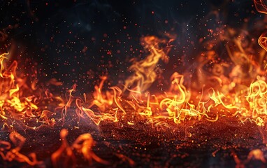 Intense flames dancing vibrantly against a dark backdrop.