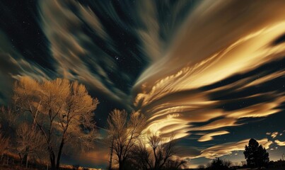 Night sky with lenticular clouds, strong winds
