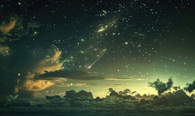 Night sky with scattered clouds and a shooting star