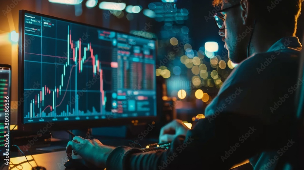 Aufkleber A focused trader examines fluctuating stock market charts on multiple computer monitors in a darkened office at night.