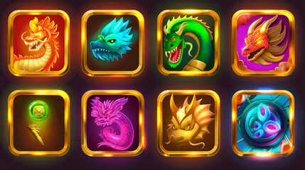 Dragon Assets or Set of slot game icons on dark background, Illustration