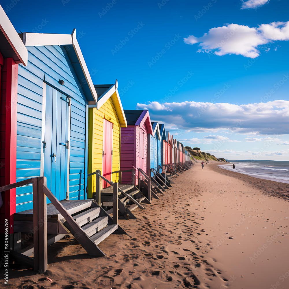 Wall mural a row of colorful beach huts on the shore. - Wall murals