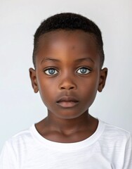 ID Photo for Passport : African child boy with straight short black hair and blue eyes, without glasses and wearing a white t-shirt