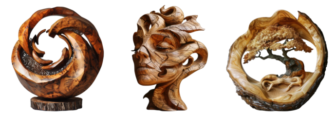 Collection of ornamental wood sculpture  for decoration, wood carved art isolated on transparent or white background