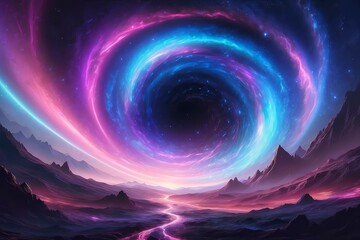 Cosmic portal in a swirling shiny universe of twinkling stars 