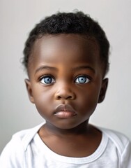 Naklejka premium ID Photo for Passport : African baby boy with straight short black hair and blue eyes, without glasses and wearing a white t-shirt