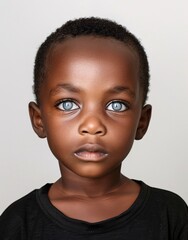 ID Photo for Passport : African baby boy with straight short black hair and blue eyes, without glasses and wearing a black t-shirt