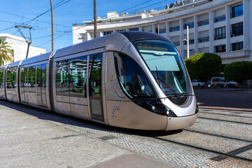 Modern built tram in the centre of Rabat. The Rabat-Sale tramway system consists of 2 lines