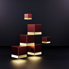 luxury modern cube with neon light, gold red  shiny on black background. Abastract 3d render square